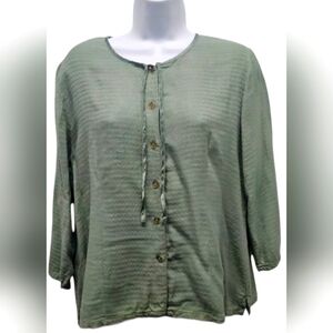 April Cornell Front Tie Button Up Sage Green Top 3/4 Sleeve Blouse Size Medium